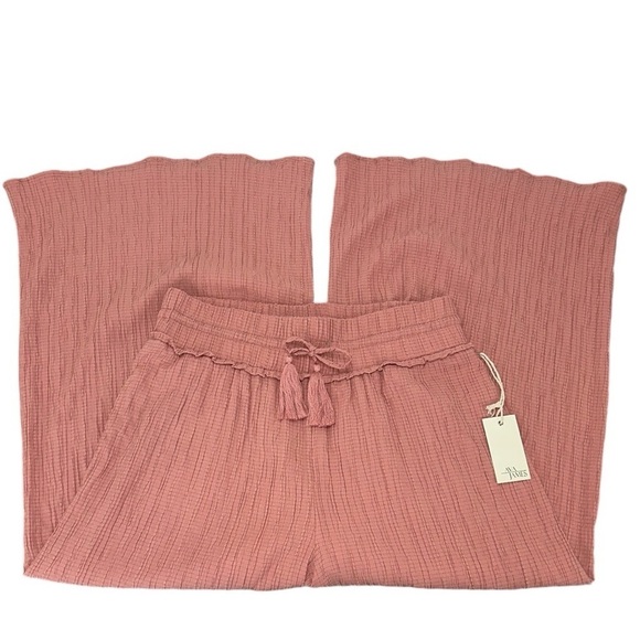 Ava James Crinkle Wide Leg Pants L Drawstring Waist Tassels Lightweight Cropped - Picture 1 of 12